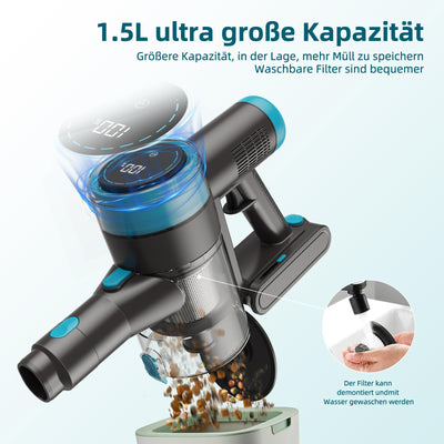 Quilted Northern 45KPa/550W/65Mins Akku Staubsauger, 1.5L Staubsauger Kabellos mit LED Touchscreen/Anti-Tangle-Bürste, Stabstaubsauger mit 4 Staubsaugerköpfe, für Hartböden/Teppich/Tierhaare