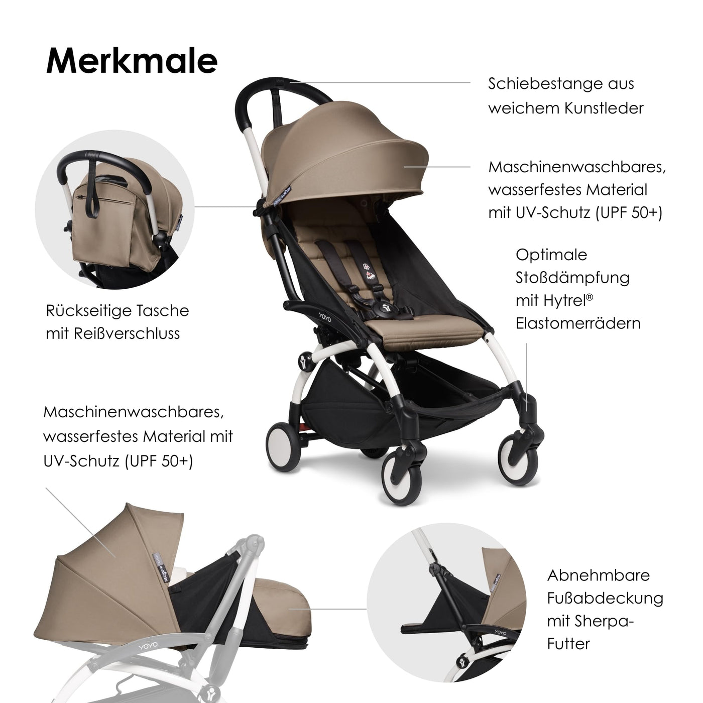 BABYZEN YOYO2 Kompletter Kinderwagen - Inklusive YOYO 0+ Neugeborenen Set (Taupe), Kinderwagengestell (White) & 6+ Textilset (Taupe) - für Kleinkinder bis 22 kg