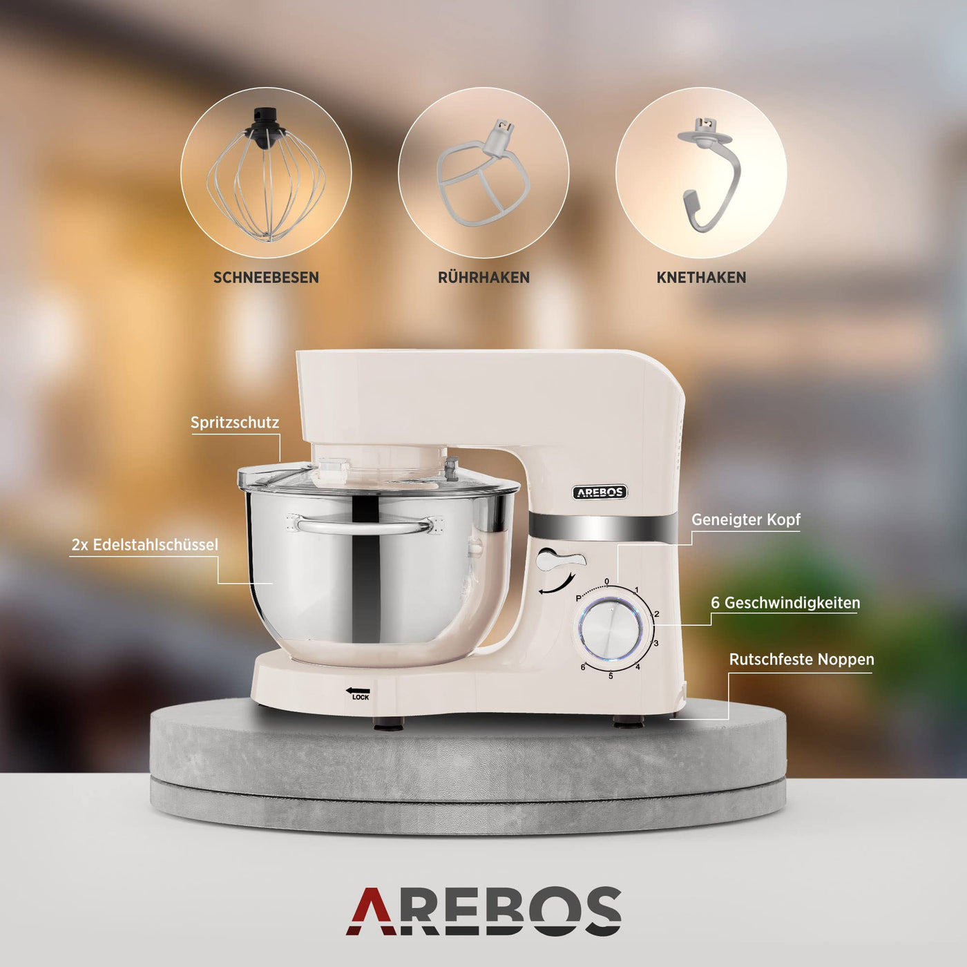 Arebos Küchenmaschine 1500W Türkis | Knetmaschine mit 2x Edelstahl-Rührschüsseln 4,5 & 5,5L | Geräuscharm | Küchenmixer mit Rührhaken, Knethaken, Schlagbesen und Spritzschutz | 6 Geschwindigkeiten