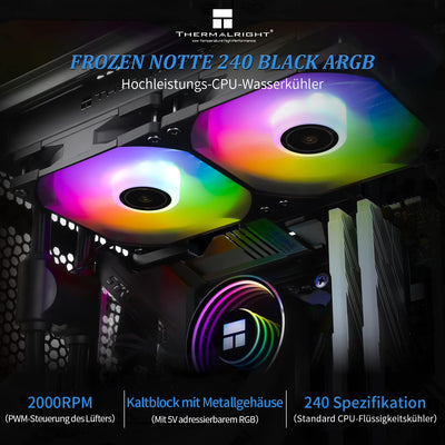 Thermalright Frozen Notte 240 BLACK ARGB Wasserkühlung CPU Kühler, 240 CPU Kühler Spezifikationen, Doppel PWM Lüfter, S-FDB V2 Lager, passend für AMD/AM4 AM5, Intel LGA 1700/1150/1151/1200/2011