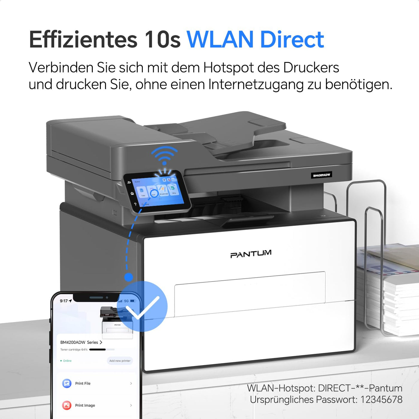 PANTUM BM4309ADW Multifunktionsdrucker Laserdrucker Schwarz Weiss, Automatischer Duplexdruck, Drucker Scanner Kopierer mit ADF, WLAN/LAN/USB, 3,5-Zoll-Touchscreen, 30ppm