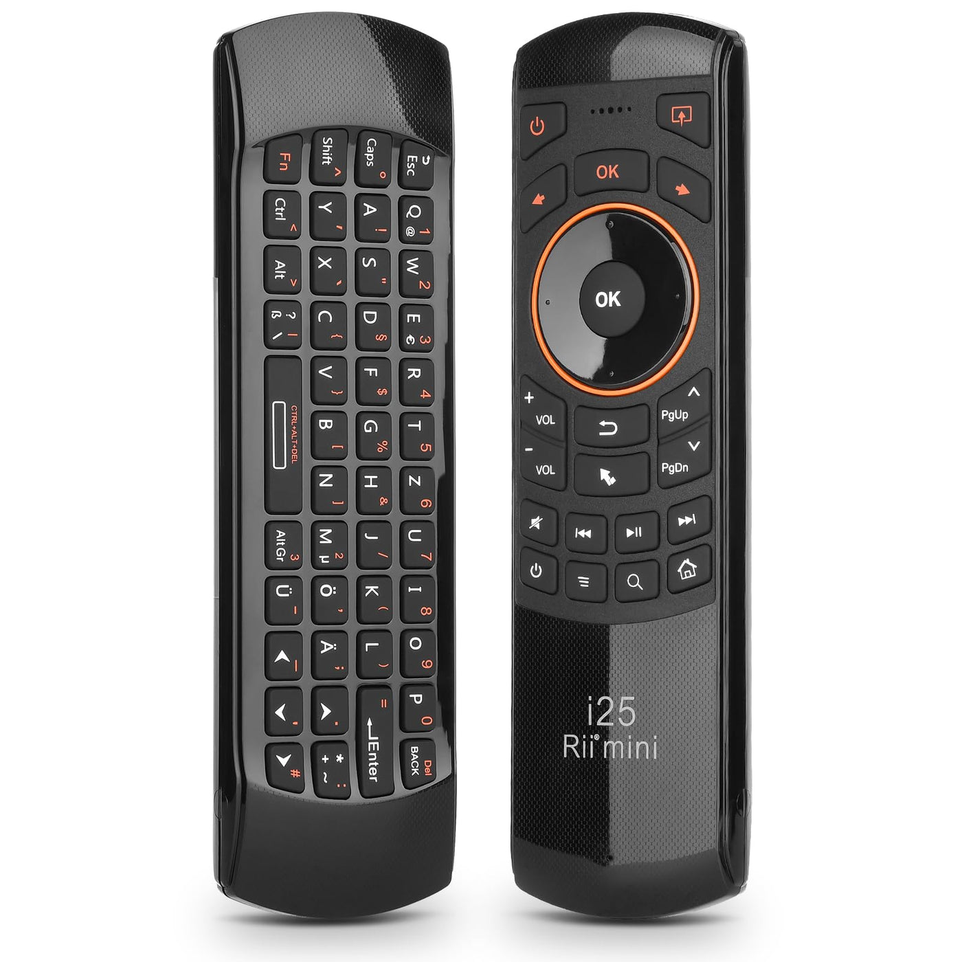 Rii Air Mouse mit 6 Axis Gyroskop, Tastatur Maus Set Kabellos ist Wiederaufladbar, Universalfernbedienung für HTPC/TV Box, PC Fernbedienung mit IR-Lernfunktion, QWERTZ, 2.4GHz, Schwarz