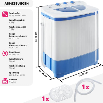 tectake® portable, mobile 4,5 kg Mini Waschmaschine + 3,5 kg Wäscheschleuder Kombination, Toplader für Camping und Reise, Toploader Reisewaschmaschine
