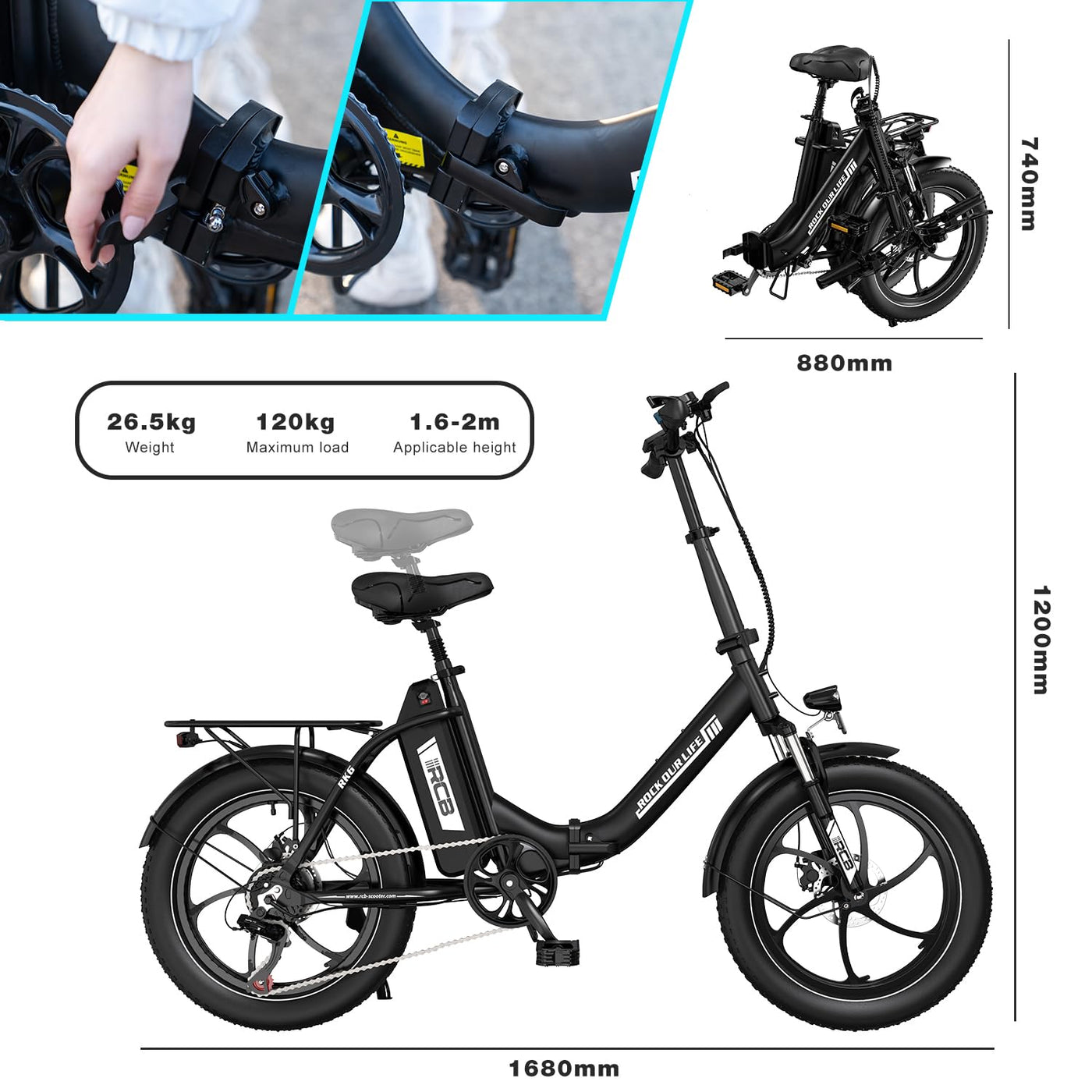 RCB RK6 20" E Bike für Erwachsene, 250W Motor 36V 15.6Ah Akku, 7-Gang,Breitreifen Klappbares E-Bike, Leichtes Elektrofahrrad für Stadtpendler