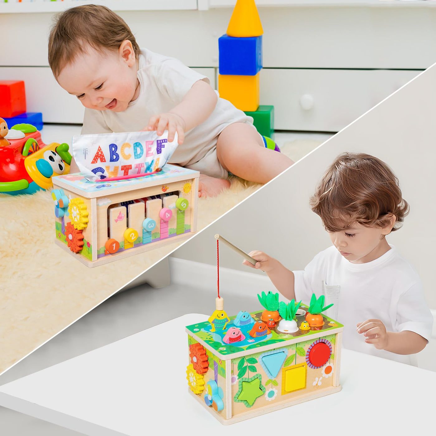 LZDMY Montessori Spielzeug Baby ab 6 Monate, 6-in-1 Tücherbox mit Knistertuch, Motorikwürfel Holzspielzeug 6-12 Monate Jungen Mädchen, Motorikspielzeug für Kinder 1-3, Baby Geschenk