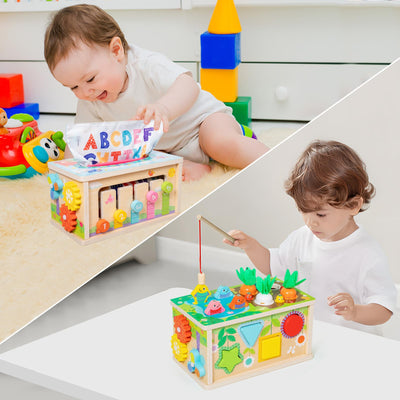 LZDMY Montessori Spielzeug Baby ab 6 Monate, 6-in-1 Tücherbox mit Knistertuch, Motorikwürfel Holzspielzeug 6-12 Monate Jungen Mädchen, Motorikspielzeug für Kinder 1-3, Baby Geschenk