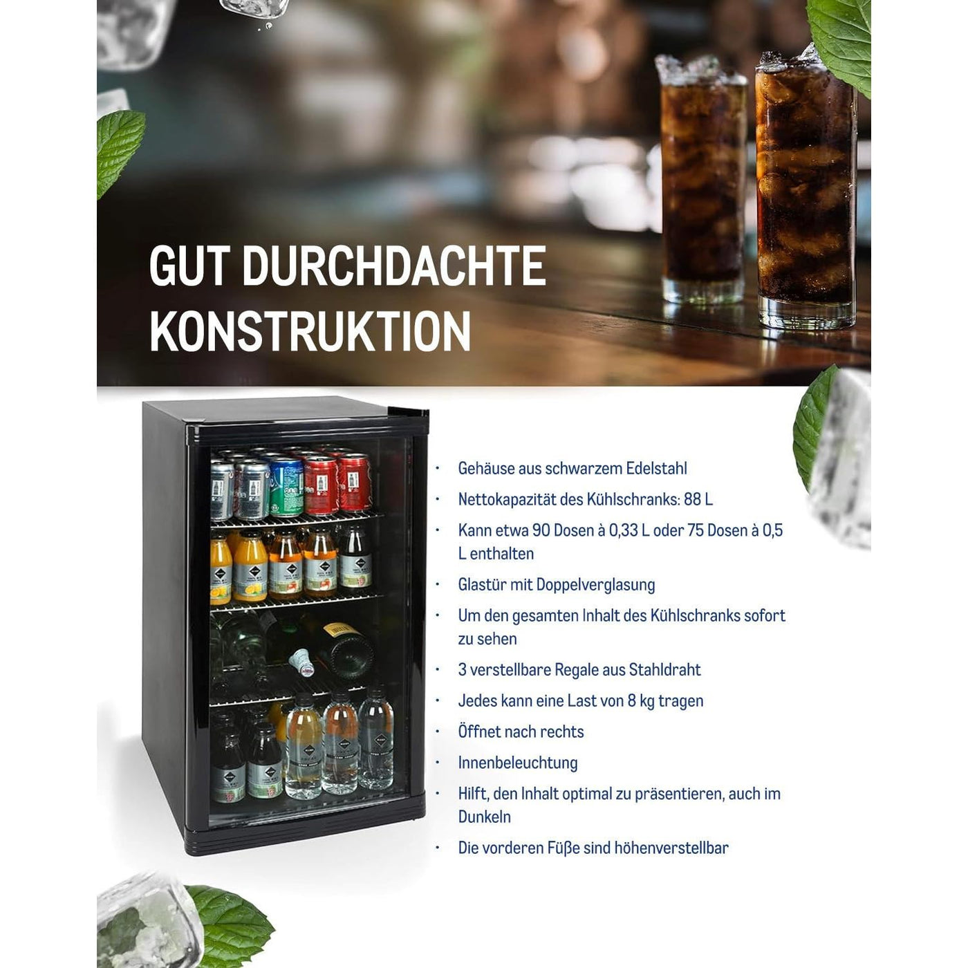 METRO Professional Mini-Kühlschrank GPC1088, 88 L, 1.052 kWh/24h, 3 Edelstahl-Drahtböden, schwarz