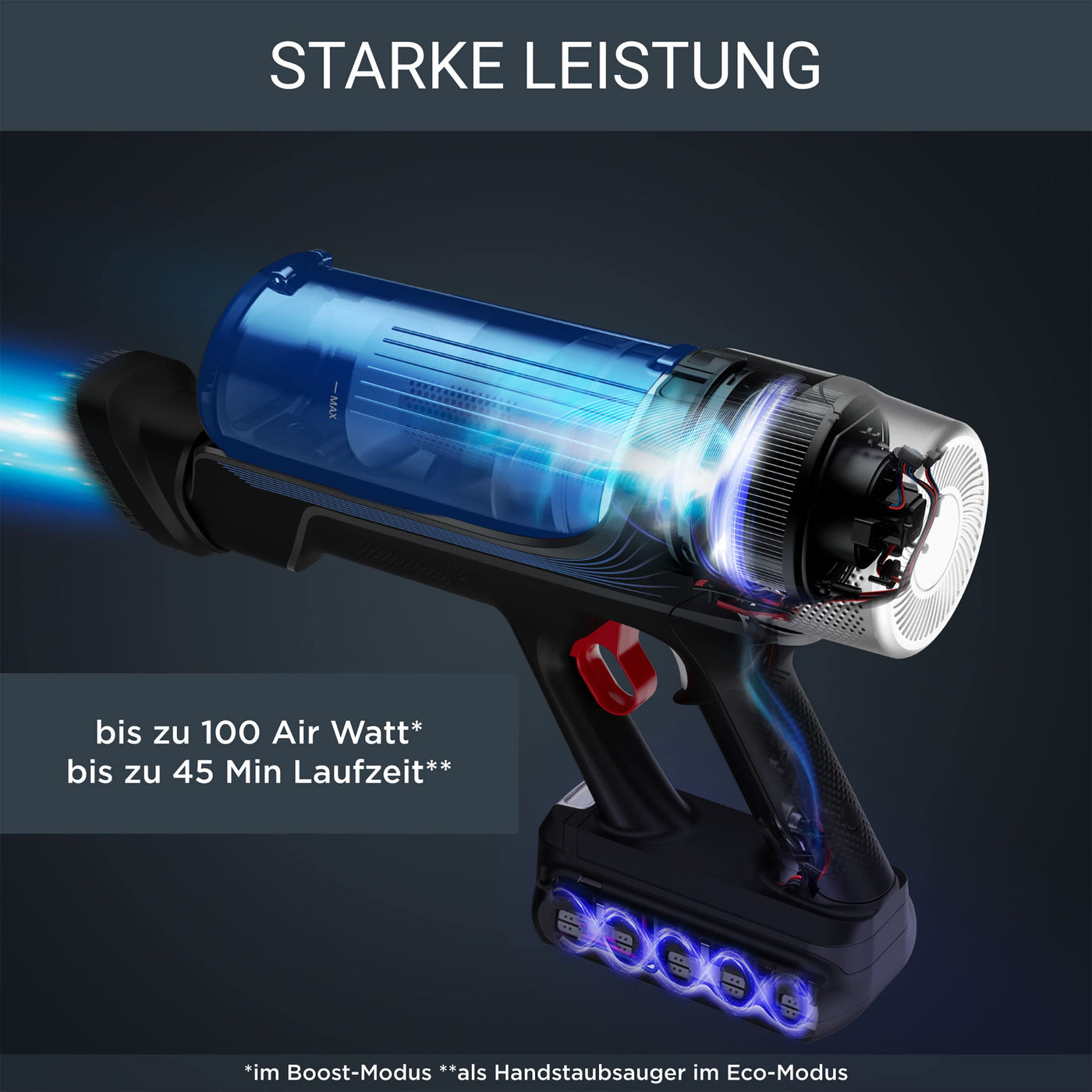 Rowenta RH20C2 X-Force Flex 9.60 Allergy Aqua kabelloser Akku-Stabstaubsauger | 100 Air Watt | herausnehmbarer Akku | bis zu 45 Min. Laufzeit | kompakt | Flex-Gelenk | LED-Düse | Blau/Schwarz