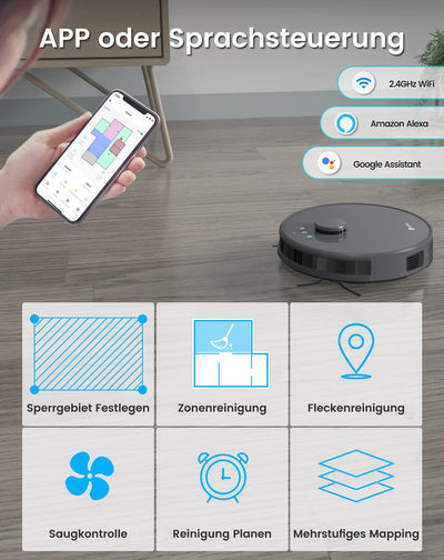 LEFANT M1G Saugroboter mit Wischfunktion,LiDAR Navigation, 4000Pa Staubsauger Roboter 200Min, Mehrstufiges Mapping, mit No-Go-Zonen, Saug und Wischroboter für Tierhaare, Teppiche und Hartböden