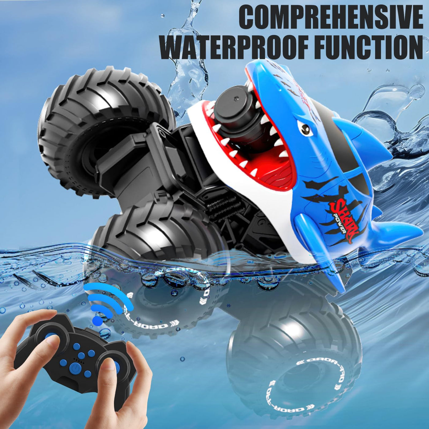 Amphibisches Ferngesteuertes Auto, 4WD 360° Rotation 2.4GHz RC Ferngesteuerter Haifischtruck, mit Sprühwasser, Wiederaufladbares Ferngesteuertes Amphibienfahrzeug als Geschenk für Kinder 3-12 Jahre