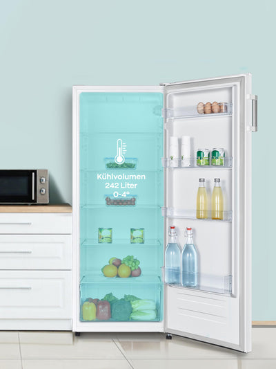 Heinrich´s freistehender Kühlschrank 242L, Vollraumkühlschrank, LED-Beleuchtung, Standkühlschrank mit 5Glasablagen+1Gemüsefach+4 Türablagen, Türanschlag wechselbar, leise 40dB, (inox)