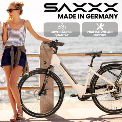 SAXXX E Bike Damen 28 Zoll Tiefeinsteiger mit 36V 13Ah Akku, Elektro Fahrrad Erwachsene mit Scheibenbremse, 7 Gang Kettenschaltung Pedelec mit Federgabel, Gepäckträger für Damen/Frauen Herren/Männer