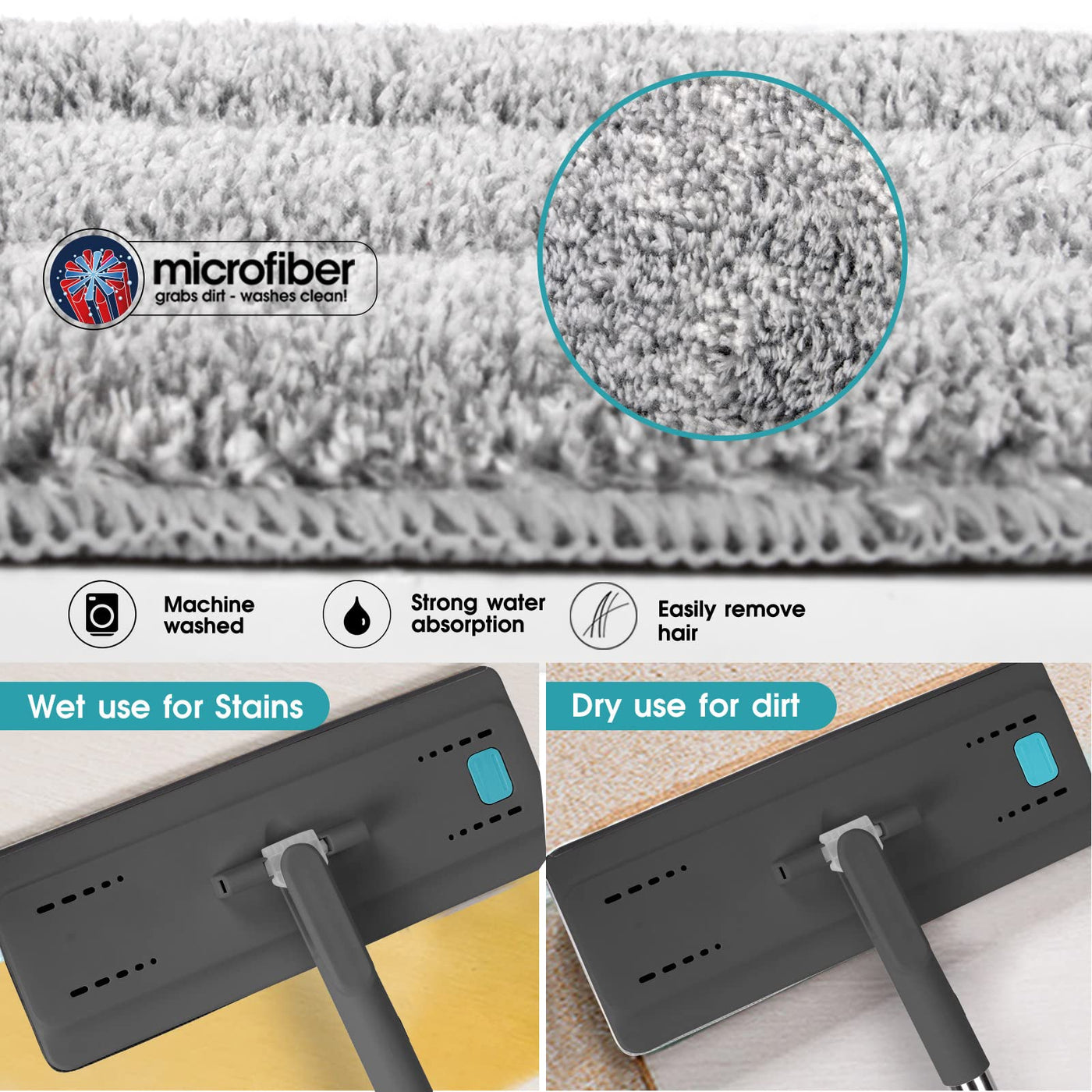 Masthome Wischmopp Set mit Eimer, Putzeimer mit Wischmop mit 6 Wischpads,Bodenwischer mit Auswringfunktion,Flachmopp und Putzeimer Set für Bodenreinigung Hartholz, Fliesen, Laminat - Grau+Blau