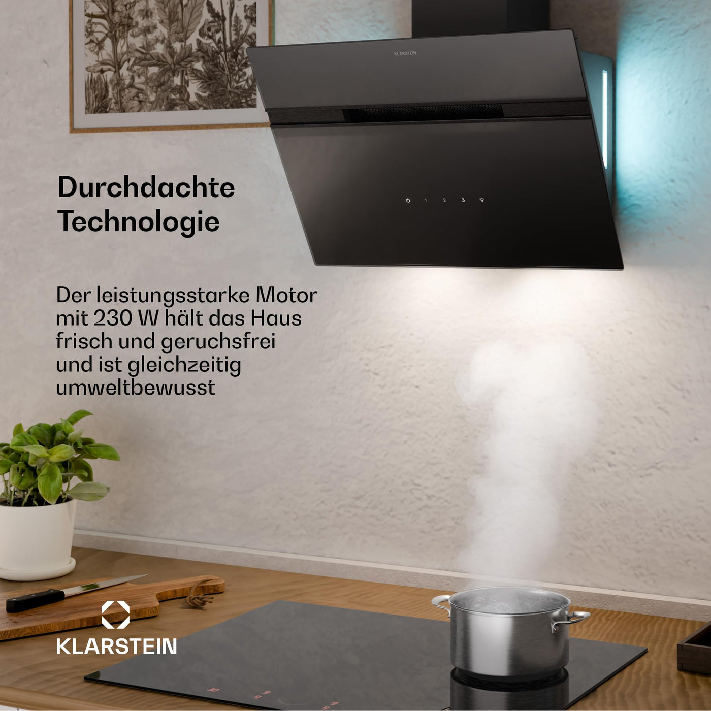Klarstein Dunstabzugshaube Alina - 60-cm-Wandhaube, 600 m³/h Luftstrom, Energieeffizienzklasse A, LED-Beleuchtung in 9 Farben, Touch-Bedienfeld, Umluftbetrieb, Schwarz