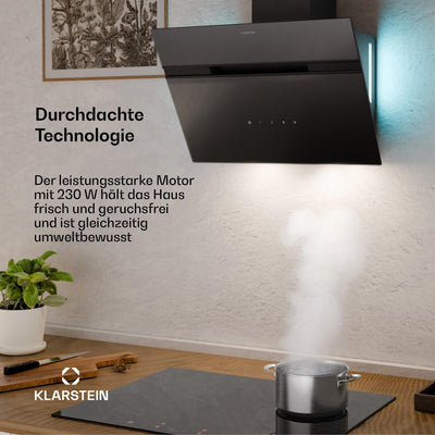 Klarstein Dunstabzugshaube Alina - 60-cm-Wandhaube, 600 m³/h Luftstrom, Energieeffizienzklasse A, LED-Beleuchtung in 9 Farben, Touch-Bedienfeld, Umluftbetrieb, Schwarz