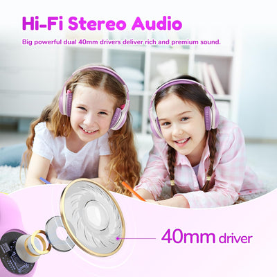 EarFun Bluetooth Kopfhörer Kinder, 74/85/94dB Lautstärkeregelung, HiFi Sound, HD-Mikrofon, 45 Std Akku, Faltbare, Einstellbar, Kopfhörer Kabellos Bluetooth Kinder für Schule/Reise/PC, Lila