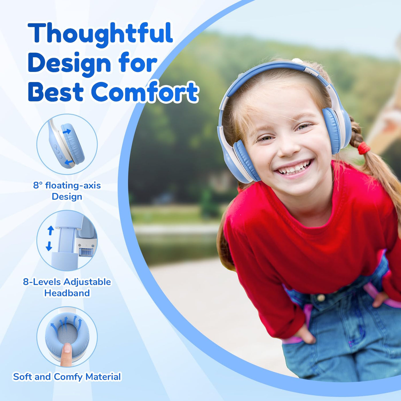 EarFun Bluetooth Kopfhörer Kinder, 74/85/94dB Lautstärkeregelung, HiFi Sound, HD-Mikrofon, 45 Std Akku, Faltbare, Einstellbar, Kopfhörer Kabellos Bluetooth Kinder für Schule/Reise/PC, Himmelblau