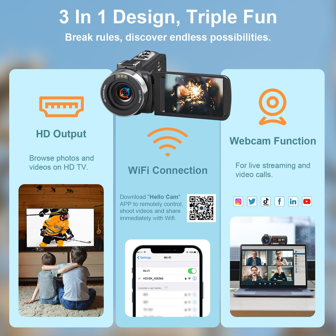 Videokamera 8K Camcorder 64MP WiFi Vlogging Kamera mit IR Nachtsicht für YouTube, 3-Zoll-Touchscreen, 18X Digitalzoom Webcam Camera mit Mikrofon,Stabilisator,Fernbedienung, 64GB SD Karte und 2 Akkus