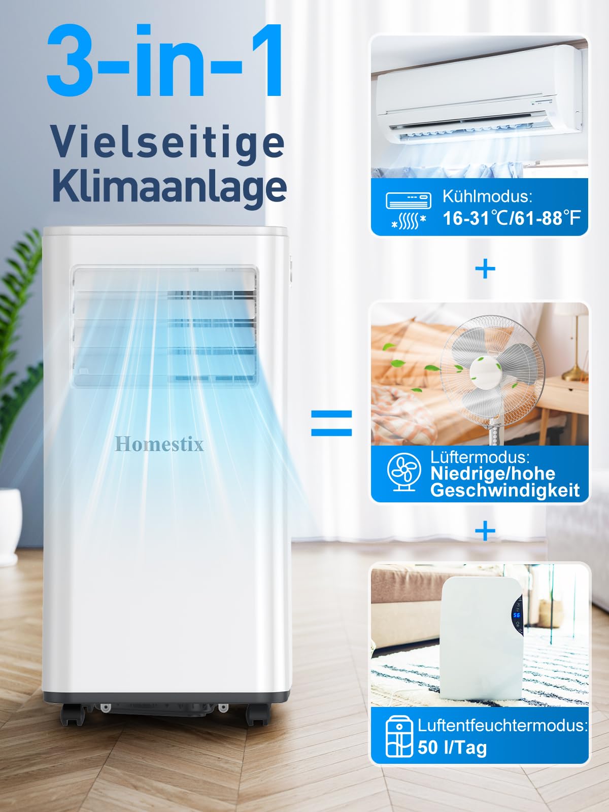 Klimaanlage Mobil 7000 BTU, Mobile Klimaanlage 4-in-1, Kühlung, Entfeuchtung und 2-Stufiger Belüftung, Mobiles Klimagerät mit Abluftschlauch, Digitalanzeige, 24h-Timer, Kühlfläche bis zu 68 m³(25㎡)
