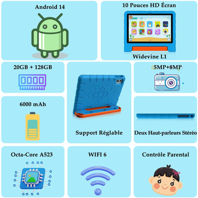 ZIOVO Tablet 10 Zoll Android mit 20GB RAM+128GB ROM(TF 1TB), 5G WiFi 6, Octa-Core, Widevine L1, Face ID, 1280 * 800, 6000mAh, Bluetooth 5.0, GMS Certified Tablet mit Eva Case - Blau