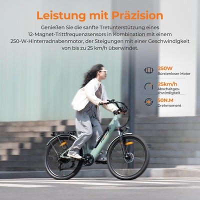 Foride Roamer 1 ST 27,5" E-Bike für Erwachsene, 7 Gang Elektrofahrrad mit Austauschbarem 36V 13Ah Akku, 250W Motor, 25 km/h und 100km Reichweite E-Bike Damen Herren für Städtische Pendler (Grün)