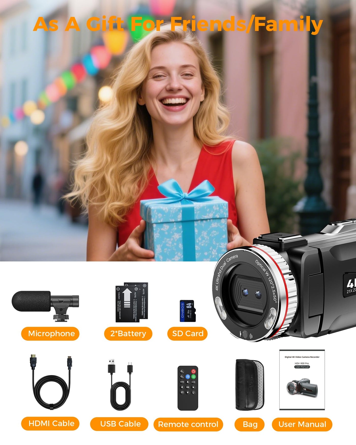 Videokamera 4K 60FPS Camcorder, 48MP 21X Digitalzoom Vlogging Kamera für YouTube, 3.0'' 270°Drehbarer Screen Vlog Camera, Video Kamera mit Externem Mikrofon, Fernbedienung, 64 GB Karte, 2 Batterien