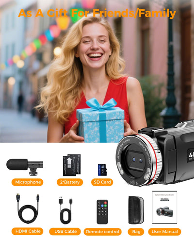 Videokamera 4K 60FPS Camcorder, 48MP 21X Digitalzoom Vlogging Kamera für YouTube, 3.0'' 270°Drehbarer Screen Vlog Camera, Video Kamera mit Externem Mikrofon, Fernbedienung, 64 GB Karte, 2 Batterien