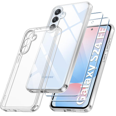 Qasyfanc Handyhülle Kompatibel mit Samsung Galaxy S24 FE Hülle mit Kameraschutz und 2 Stück Schutzfolie, Hard PC Nie Vergilbung Case Transparent Militärschutz Fallschutz Schutzhülle, Klar