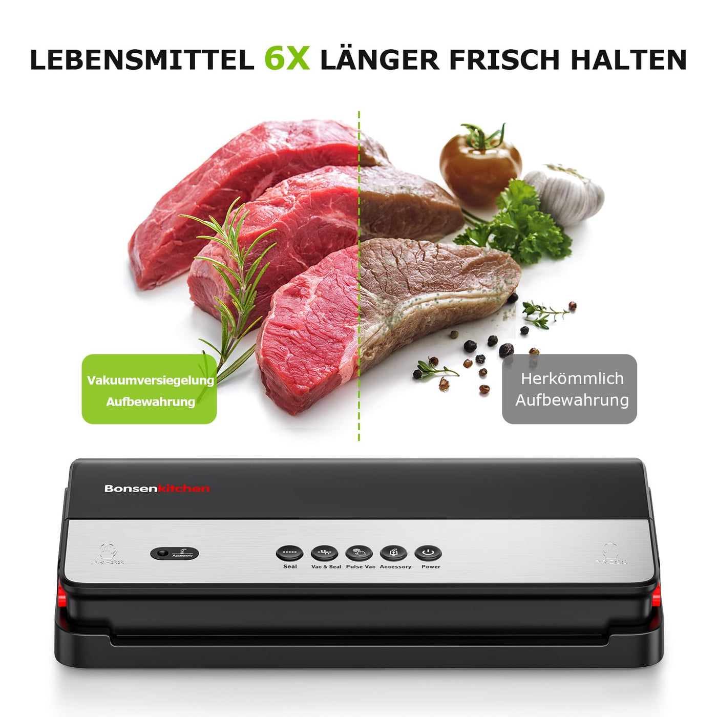 Bonsenkitchen Vakuumiergerät, für Trockene und Feuchte Lebensmittel Vakuumierer mit Eingebauter Cutter, 1 Rolle Folienbeutel, 50 Profi-Folienbeutel