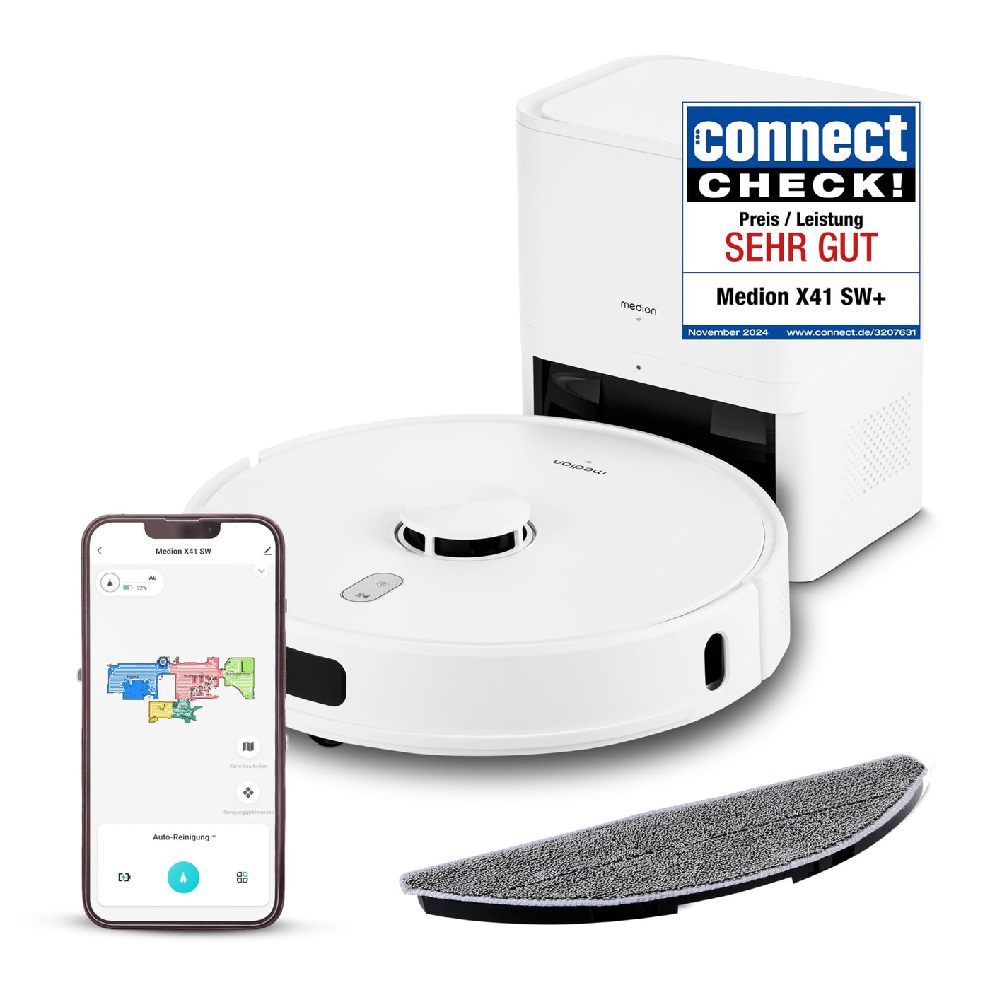 MEDION Saugroboter mit Absaugstation, Lasernavigation und Wischfunktion X41 SW+ (Starke 8000Pa Saugkraft, 2in1 Roboterstaubsauger, präzise Kartenerstellung, Go & No Go Bereiche, mehrere Etagen)