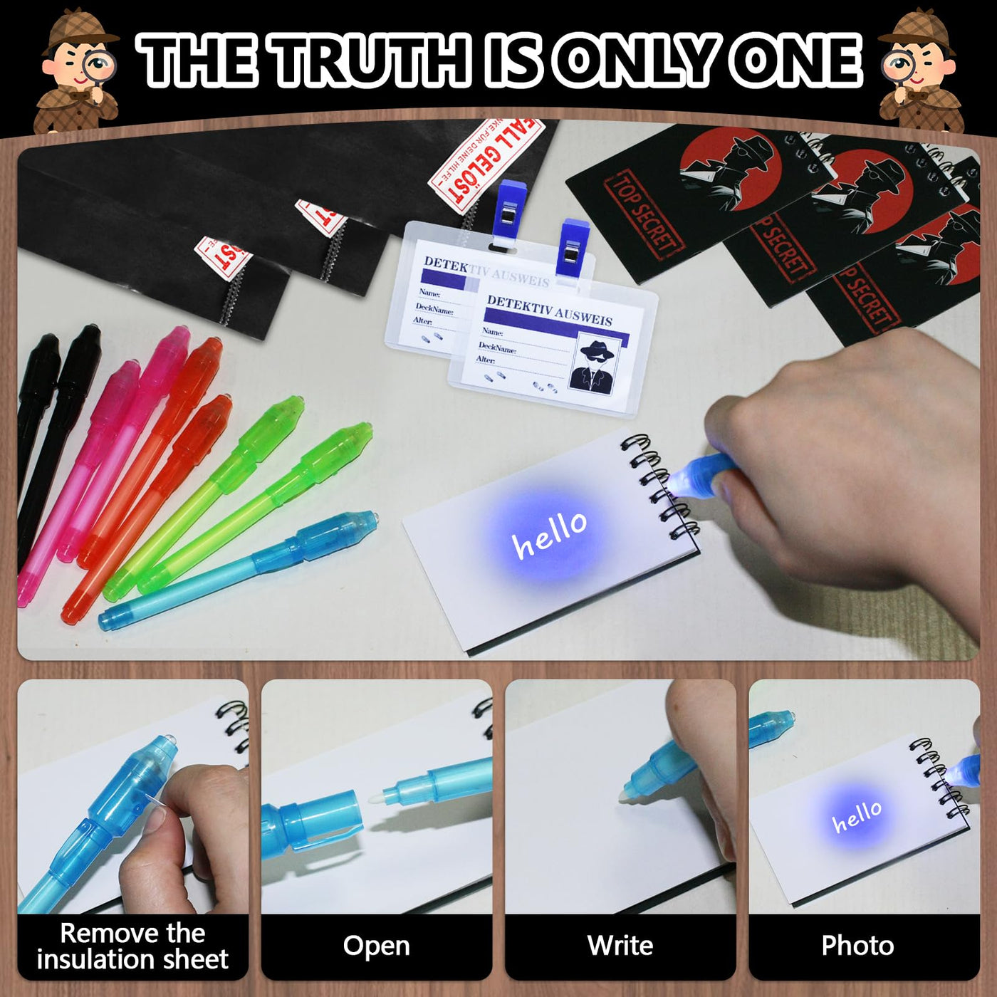 82STK Detektiv Set Kinder, Detektiv Kindergeburtstag Mitgebsel mit Geschenktüten, Geheimstift, Notizbuch, Lupe, Detektivausweis, Schnurrbart, Stempelkissen, Detektive Spielzeug für Jungen Mädchen