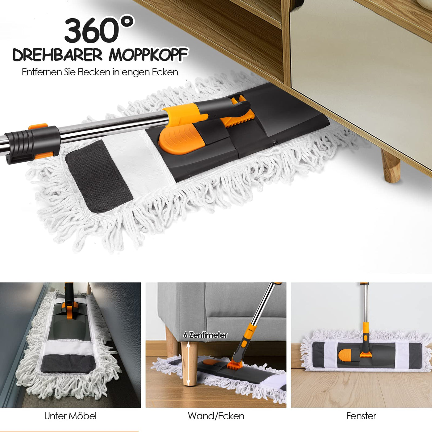 Myiosus Bodenwischer, Wischmopp groß, 60cm Breit wischer Boden, Industrieller Mop mit 126cm Edelstahl Teleskopstiel, 360° drehbarer Flachmopp für Hartholz Fliesen Marmor Laminat (2 Mikrofaser Pads)