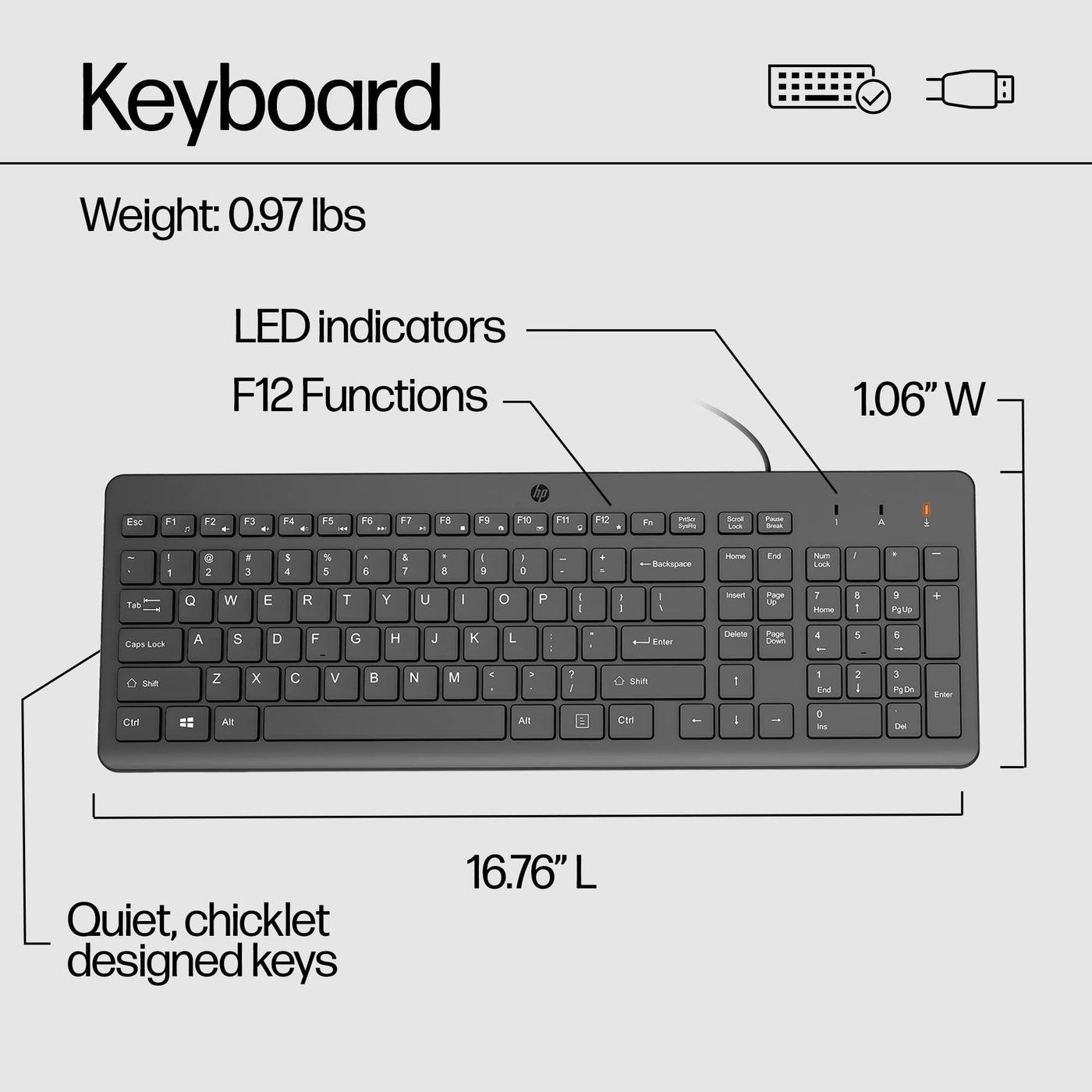 HP 150 Kabelgebundene Maus und Tastatur Combo 1600 DPI, ergonomisch gestaltet und leise Leistung, F12-Funktionen, LED-Anzeigen, USB-A-Anschluss