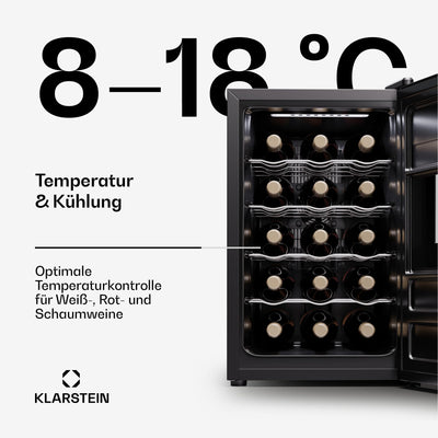 Klarstein Freistehender Weinkühlschrank 1 Zone, Getränkekühlschrank Klein, Kleiner Weinschrank, Wein-Kühlschrank Klein mit Glastür, Indoor/Outdoor Flaschenkühlschrank, Wine Fridge, 15 Flaschen