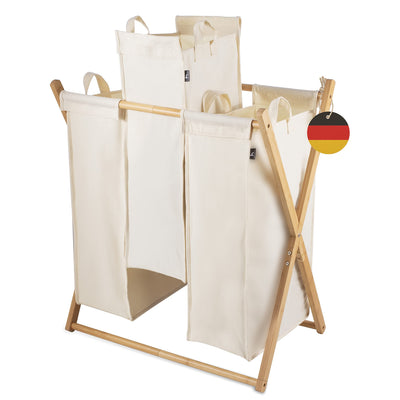 Hennez Wäschesammler XXL - Wäschekorb 3 Fächer - Wäschesortierer Wäschebox - Holz - Wäschetrenner Beige - Wäsche Sortiersystem Bambus - Wäschkorb - Laundry Basket
