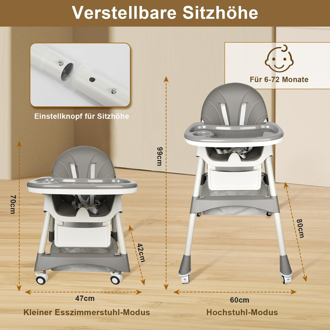 LINELUCK Hochstuhl Baby 6in1 Kinderhochstuhl mit Babyliege und Baby Schaukelstuhl, Verstellbar Klappbar Hochstuhl Baby mit Essbrett und Rollen,Korb, mitwachsend ab 6 Monate bis 6 Jahre Babystuhl