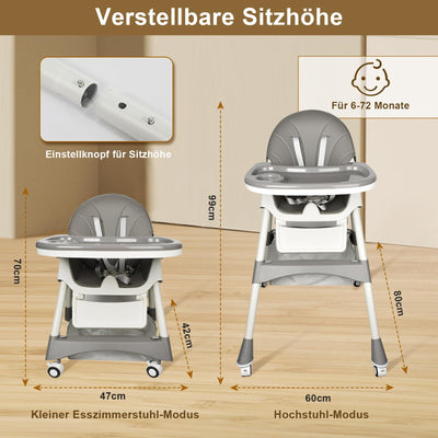 LINELUCK Hochstuhl Baby 6in1 Kinderhochstuhl mit Babyliege und Baby Schaukelstuhl, Verstellbar Klappbar Hochstuhl Baby mit Essbrett und Rollen,Korb, mitwachsend ab 6 Monate bis 6 Jahre Babystuhl
