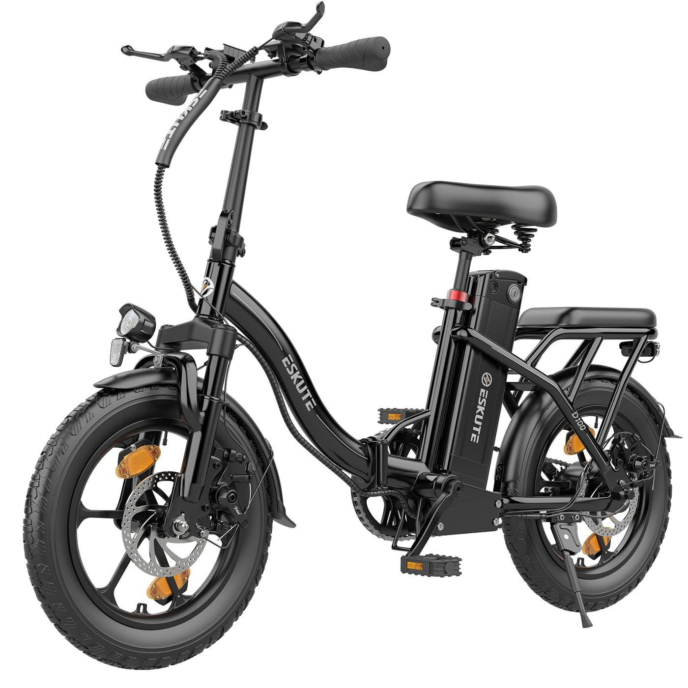 ESKUTE D100 E-Bike Klapprad 16 x 2,5 Zoll, Elektrofahrrad für Herren & Damen, Fatbike mit Abnehmbarem 36V 13Ah Akku, Lange Reichweite bis 100 km, Faltbares Pedelec für Erwachsene, Schwarz