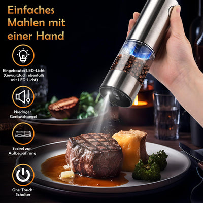 MILFECH Salz und Pfeffermühlen Elektrische Rostfreie Stähle 2er Set, Mit transparentem Aufbewahrungsboden, kleinem Pinsel und kleinem Holzlöffel (Silber), KYMQ-32A-H52-BS-BXG