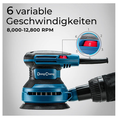 DongCheng Exzenterschleifer 380W, 125mm Schleifmaschine, 6 Geschwindigkeiten 8,000-12,800 U/min mit Staubfangbehälter und 20 Schleifpapier, ideal für professionelle Holzbearbeitung und Schleifarbeiten