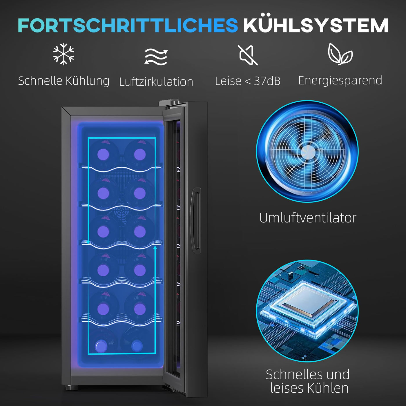 HOMCOM Weinkühlschrank 12 Flaschen 30L 8-18℃ Doppelt Thermoelektrisch Flaschenkühlschrank mit Glastür, Getränkekühlschrank mit LED-Leuchte, Kleiner Weinschrank mit Touch-Screen Schwarz
