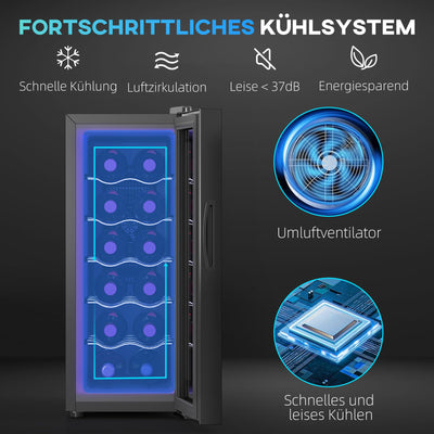 HOMCOM Weinkühlschrank 12 Flaschen 30L 8-18℃ Doppelt Thermoelektrisch Flaschenkühlschrank mit Glastür, Getränkekühlschrank mit LED-Leuchte, Kleiner Weinschrank mit Touch-Screen Schwarz