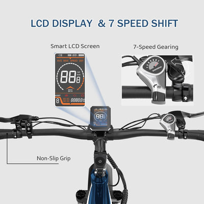 ECORUSH E Bike Herren,Ebike ECO R1 mit 48V 13Ah Batterie,Elektrofahrräder 26 * 4.0 Zoll,E-Bike 250W Motor & 25km/h, E Mountainbike 7-Gang Getriebe mit LCD-Display,Reichweite Max 100km