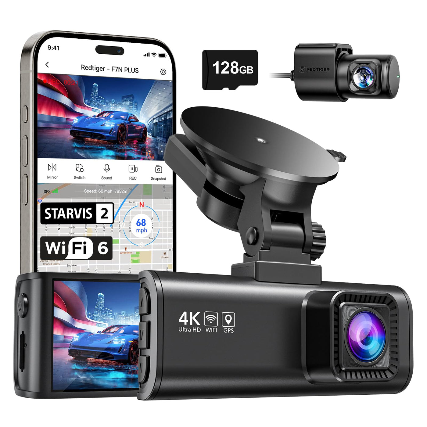 REDTIGER Dashcam Auto Vorne Hinten 4K/2,5K mit STARVIS 2, Dash Cam Auto Kamera 3,18" IPS-Bildschirm, kostenlose 128-GB-Karte,5.8GHz WiFi, GPS, 170°Weitwinkel WDR, Unterstützt 256 GB Max(F7NP)