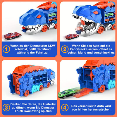 Esteopt Transport Truck Spielzeug Autos für Jungen Alter 3 4 5 6 7, tragbare Dinosaurier Rennstrecke Truck mit 12 Dinosaurier Set Geschenkbox (Blau)