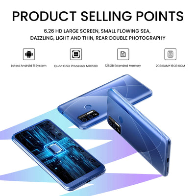 HOTWAV H1 Smartphone SIM-frei entsperrt, Android 11-Telefon mit 6,26-Zoll-HD-Wassertropfen-Bildschirm, 3G-Dual-SIM-Telefon, 3150 mAh, 8 MP-Kamera, 2 GB + 16 GB, Gesichts-/Fingerabdruck-Entsperrung