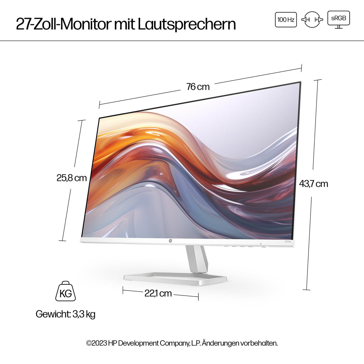 HP Series 5 527sa FHD IPS Monitor mit Lautsprechern | 68,6 cm (27 Zoll) | 100Hz | 1500:1 Kontrast | 99% sRGB | Dual-HDMI 1.4 | VGA | Audio-Aus-/Eingang | Entspiegelt | Neigbar | Nachhaltig | Weiß