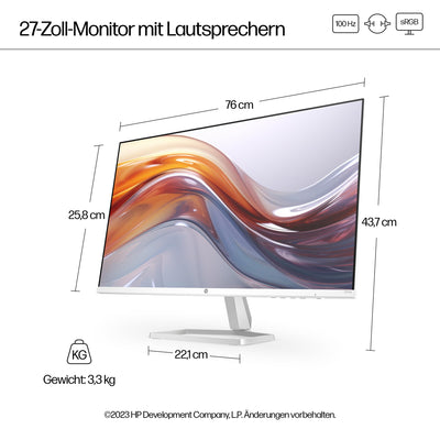 HP Series 5 527sa FHD IPS Monitor mit Lautsprechern | 68,6 cm (27 Zoll) | 100Hz | 1500:1 Kontrast | 99% sRGB | Dual-HDMI 1.4 | VGA | Audio-Aus-/Eingang | Entspiegelt | Neigbar | Nachhaltig | Weiß
