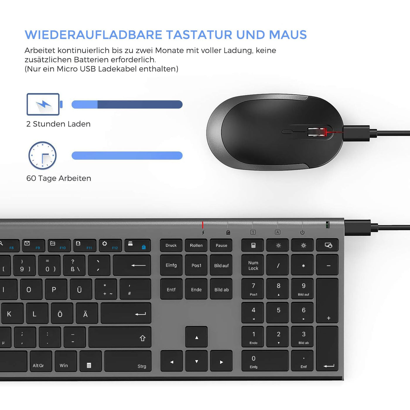 seenda Funktastatur mit Maus, Wiederaufladbare Tastatur Maus Set kabellos für Computer/Laptop, leise klick, Fullsize & QWERTZ Layout(Schwarz & Grau)