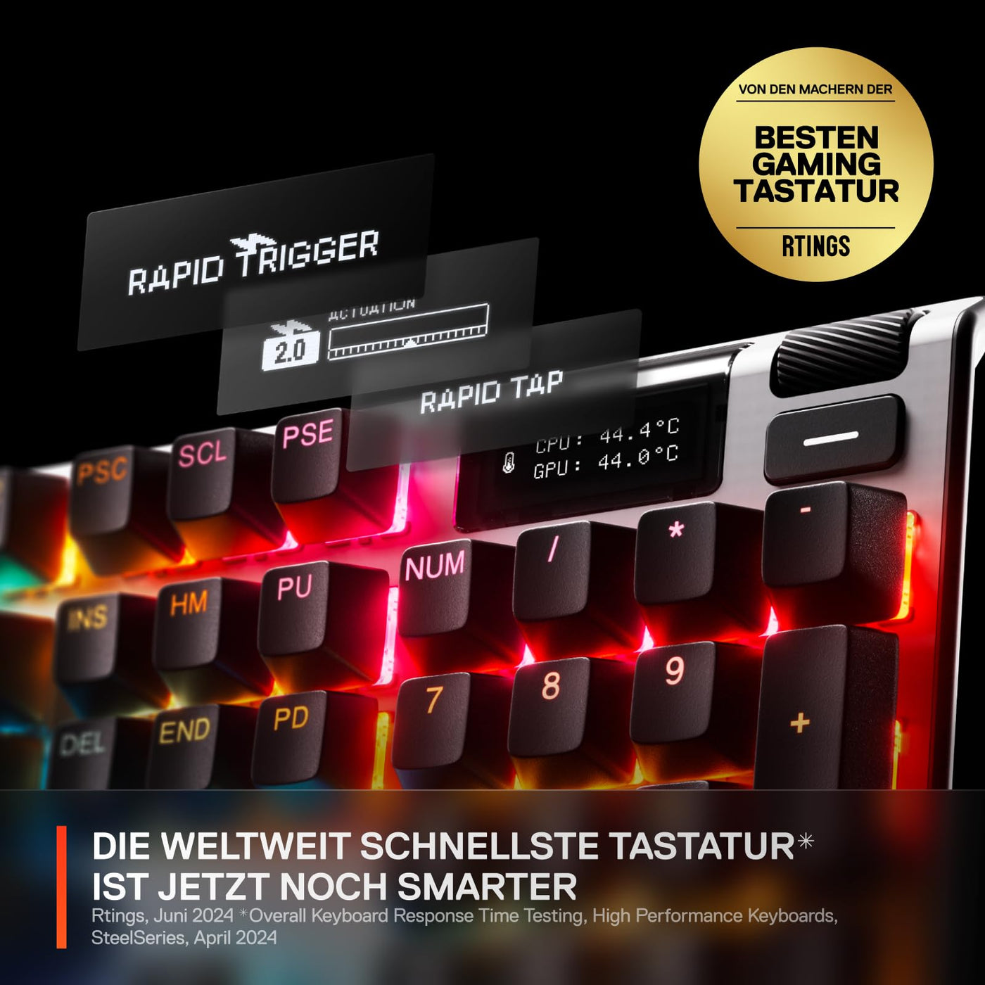 SteelSeries Apex Pro Gen 3 - HyperMagnetic Gaming-Tastatur - OmniPoint 3.0 Switches - anpassbares Ansprechverhalten - Rapid Trigger - Rapid Tap/SOCD - OLED - RGB - PBT-Keycaps - DE Layout QWERTZ